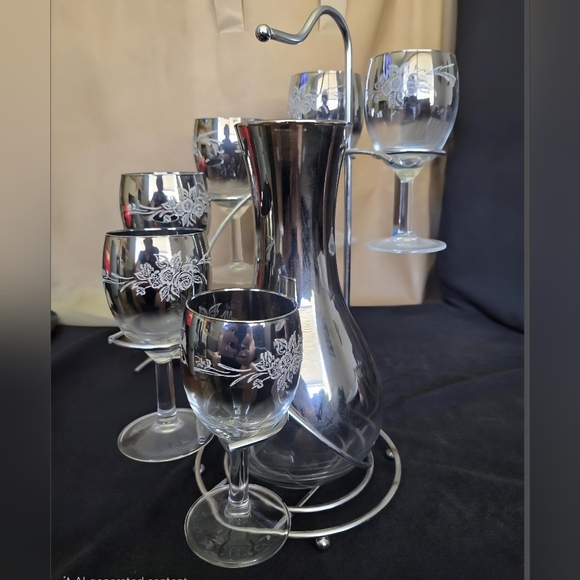 Hollywood Regency Vintage Silver Metallic Wine Set (Carafe, 6 Glasses & Caddy) - Picture 6 of 6